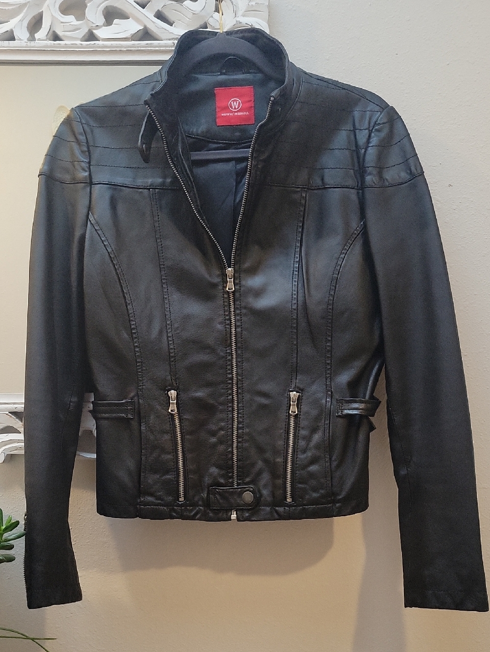 World Of Wissmach Black Faux Leather Moto Jacket with Zip Details